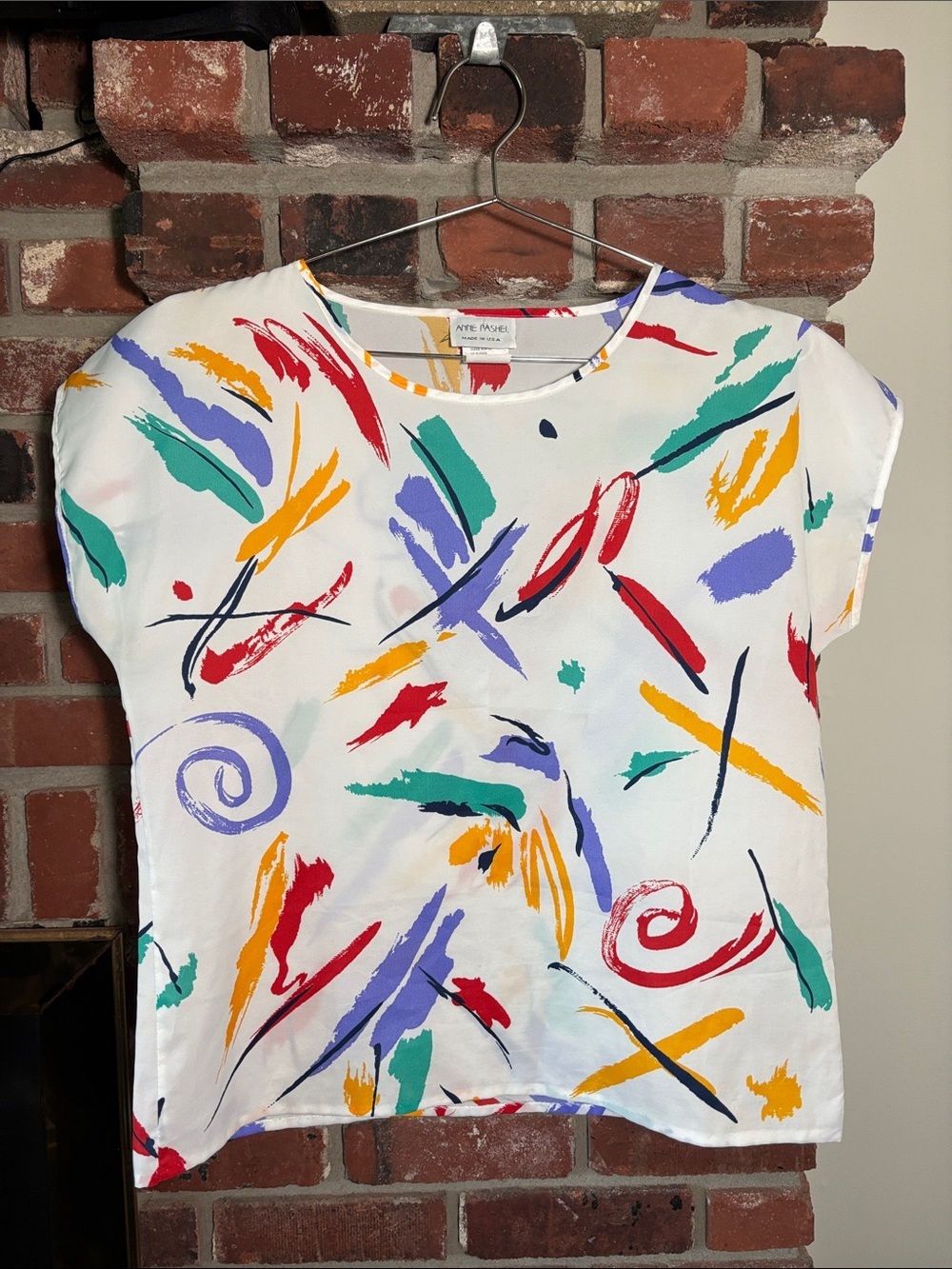 Vintage Abstract Brushstroke Cap-Sleeve Blouse in White Women’s Size 12